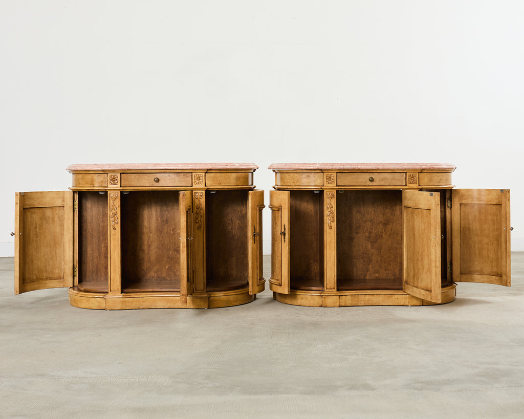 Pair Country French Provincial Marble Top Demilune Sideboards