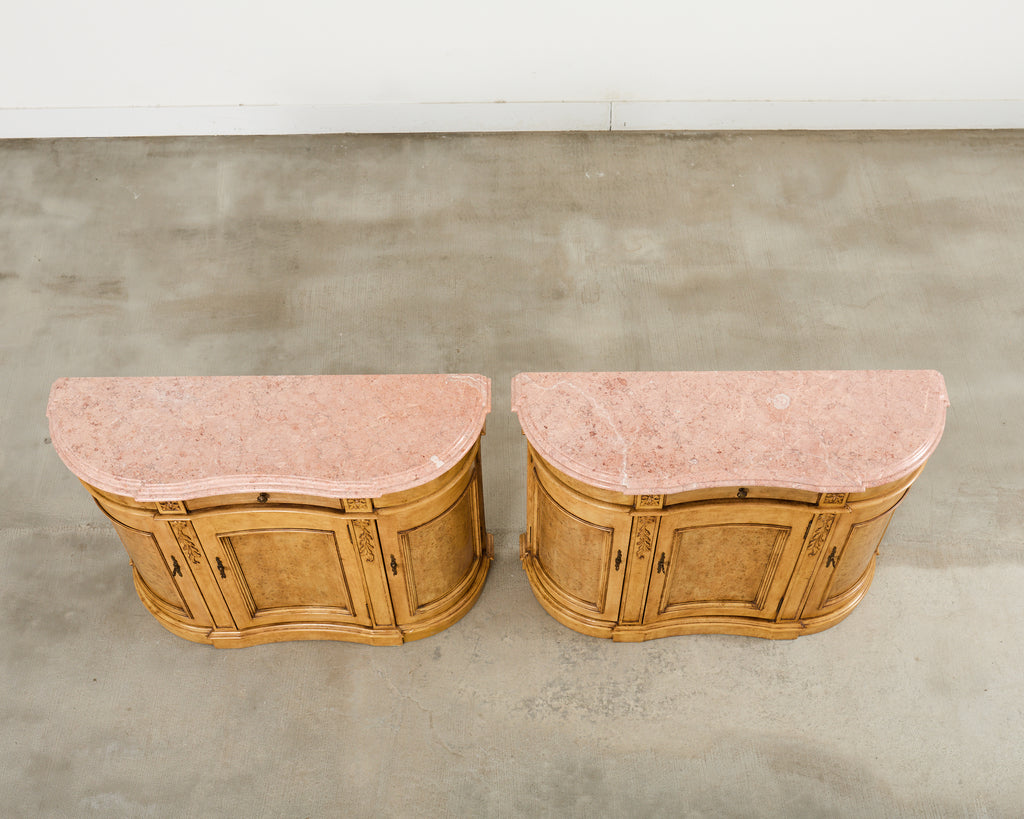 Pair Country French Provincial Marble Top Demilune Sideboards