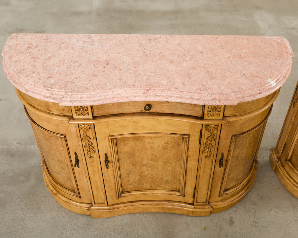 Pair Country French Provincial Marble Top Demilune Sideboards