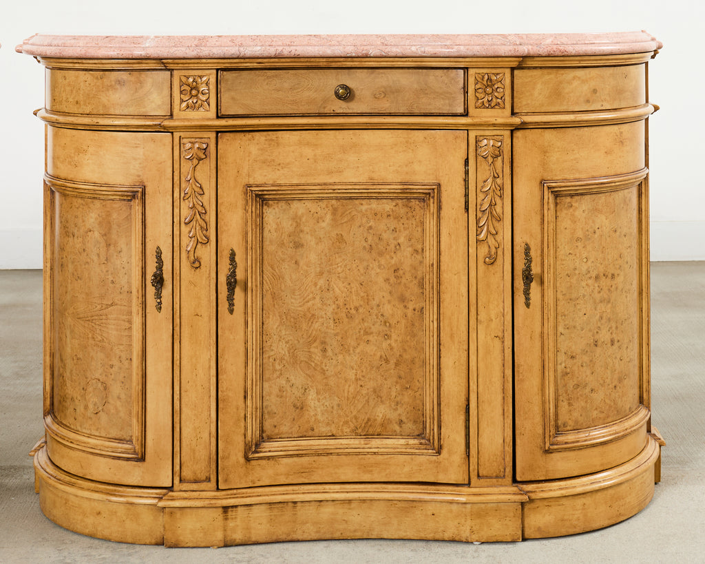 Pair Country French Provincial Marble Top Demilune Sideboards