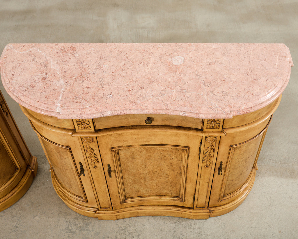 Pair Country French Provincial Marble Top Demilune Sideboards