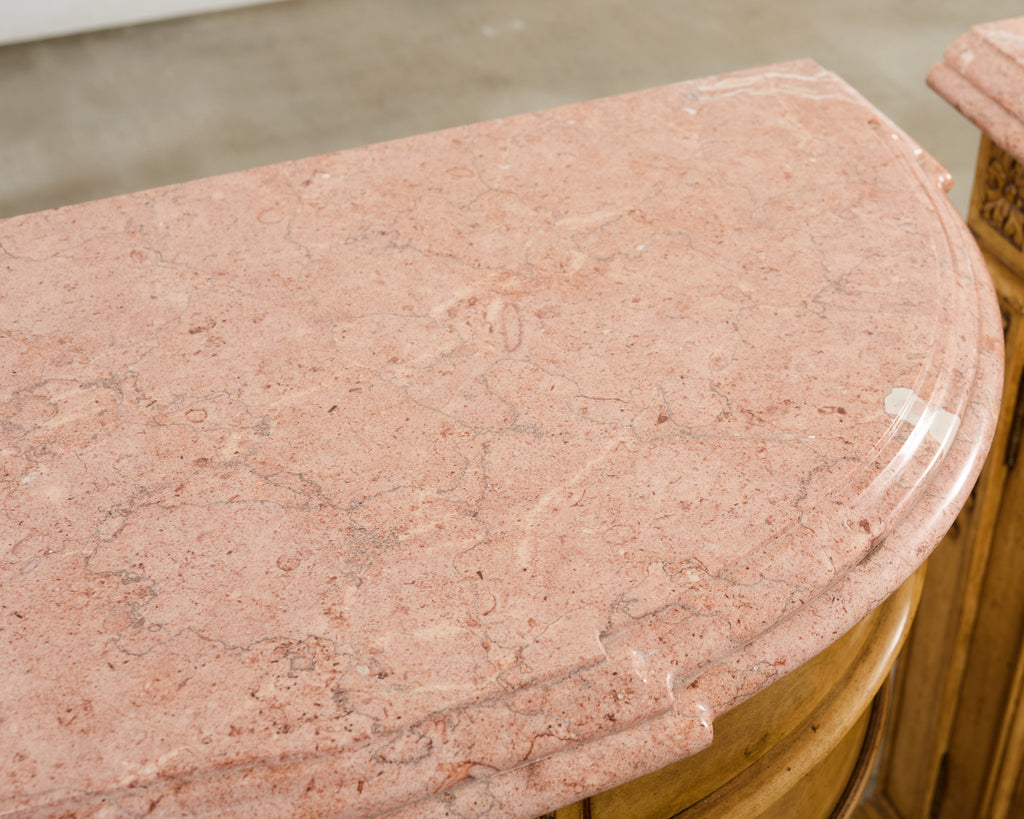 Pair Country French Provincial Marble Top Demilune Sideboards