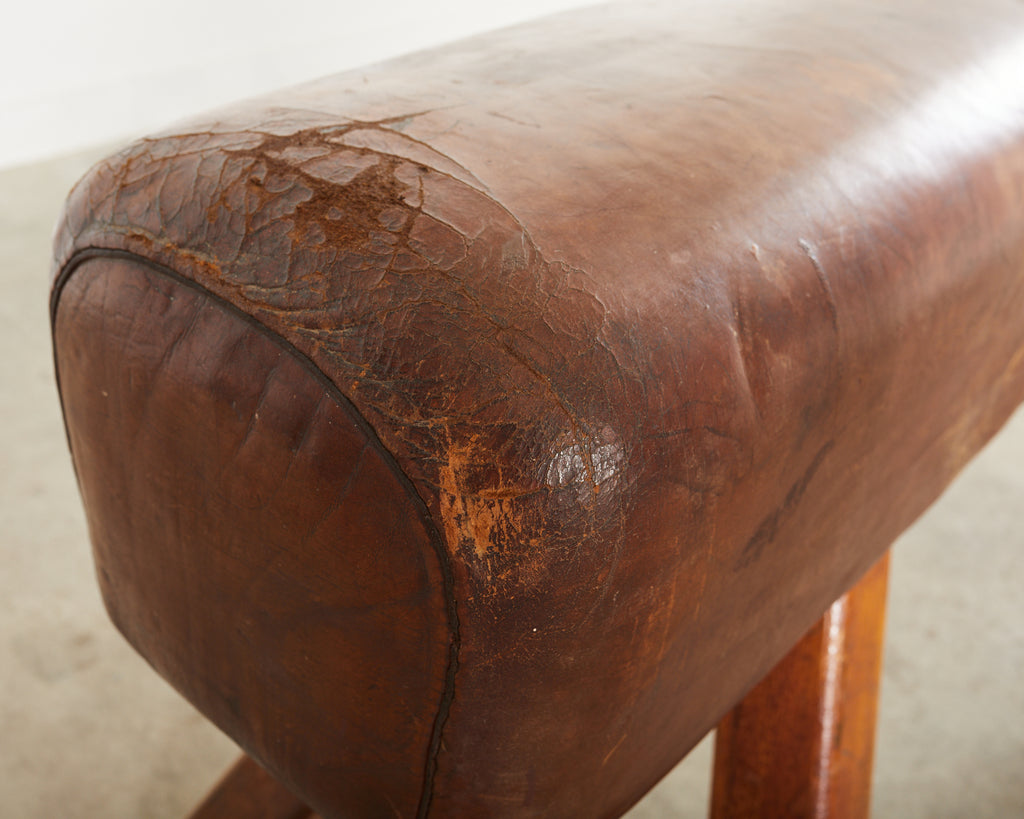 Midcentury Gymnastic Leather and Oak Pommel Horse Bench