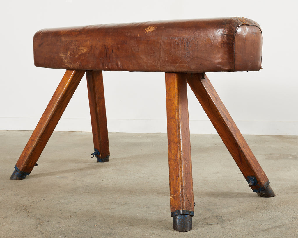 Midcentury Gymnastic Leather and Oak Pommel Horse Bench