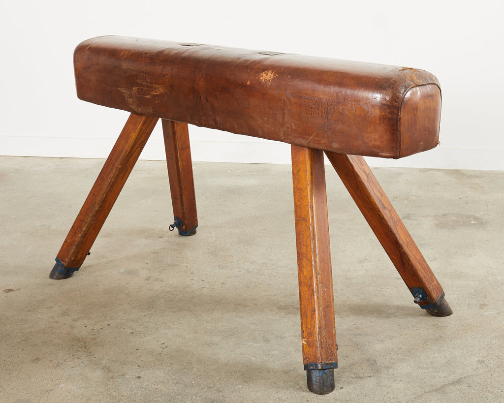 Midcentury Gymnastic Leather and Oak Pommel Horse Bench