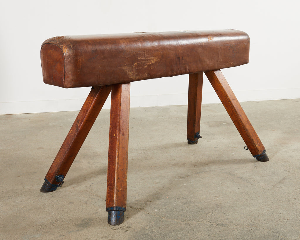 Midcentury Gymnastic Leather and Oak Pommel Horse Bench