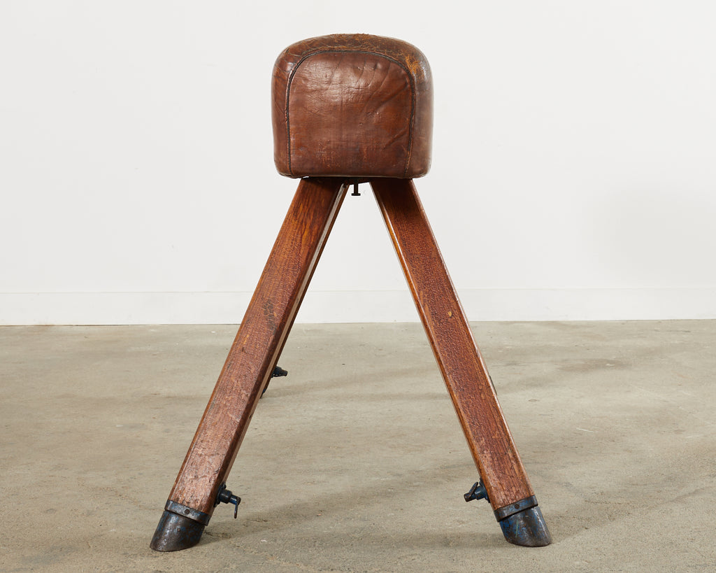 Midcentury Gymnastic Leather and Oak Pommel Horse Bench