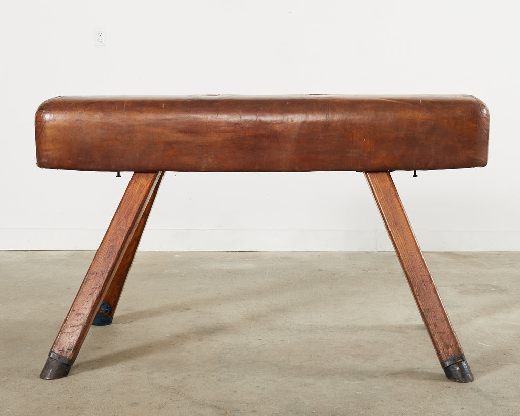 Midcentury Gymnastic Leather and Oak Pommel Horse Bench