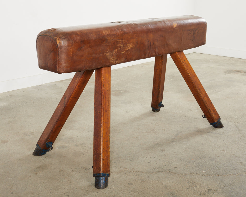 Midcentury Gymnastic Leather and Oak Pommel Horse Bench