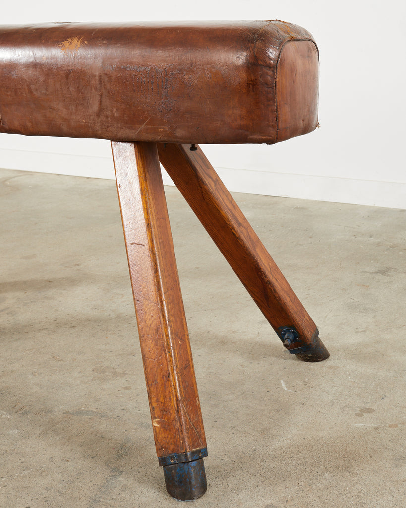 Midcentury Gymnastic Leather and Oak Pommel Horse Bench