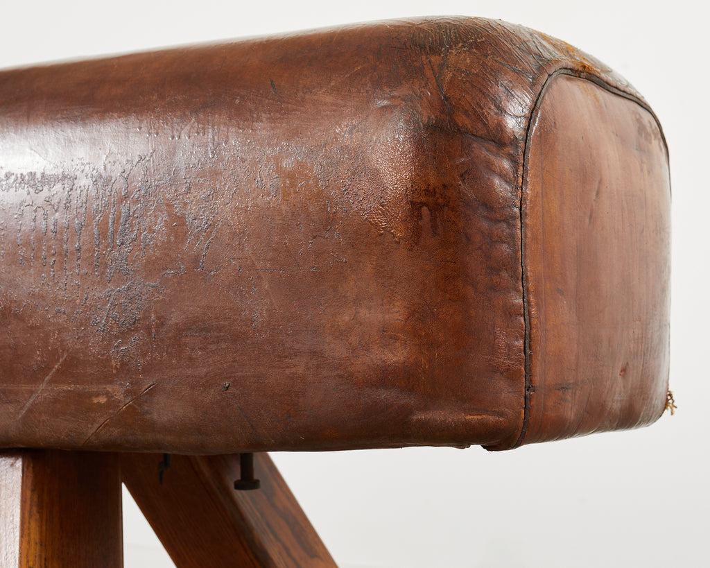 Midcentury Gymnastic Leather and Oak Pommel Horse Bench