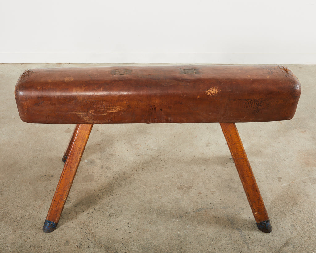Midcentury Gymnastic Leather and Oak Pommel Horse Bench