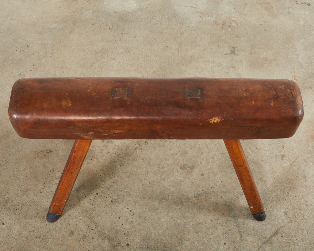 Midcentury Gymnastic Leather and Oak Pommel Horse Bench