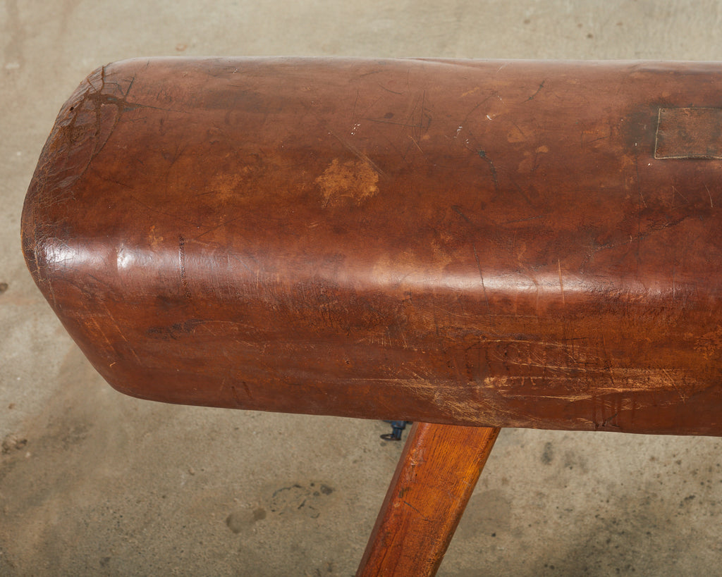 Midcentury Gymnastic Leather and Oak Pommel Horse Bench