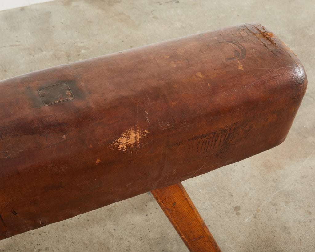 Midcentury Gymnastic Leather and Oak Pommel Horse Bench