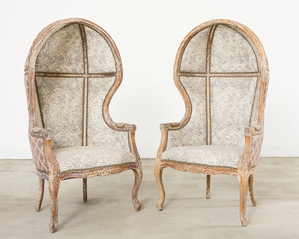 Pair French Provincial Style Cerused Oak Hooded Porters Chairs
