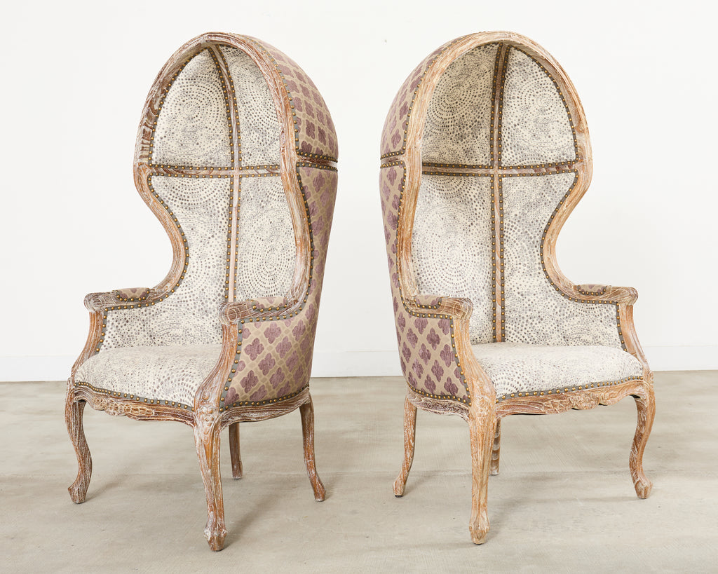 Pair French Provincial Style Cerused Oak Hooded Porters Chairs