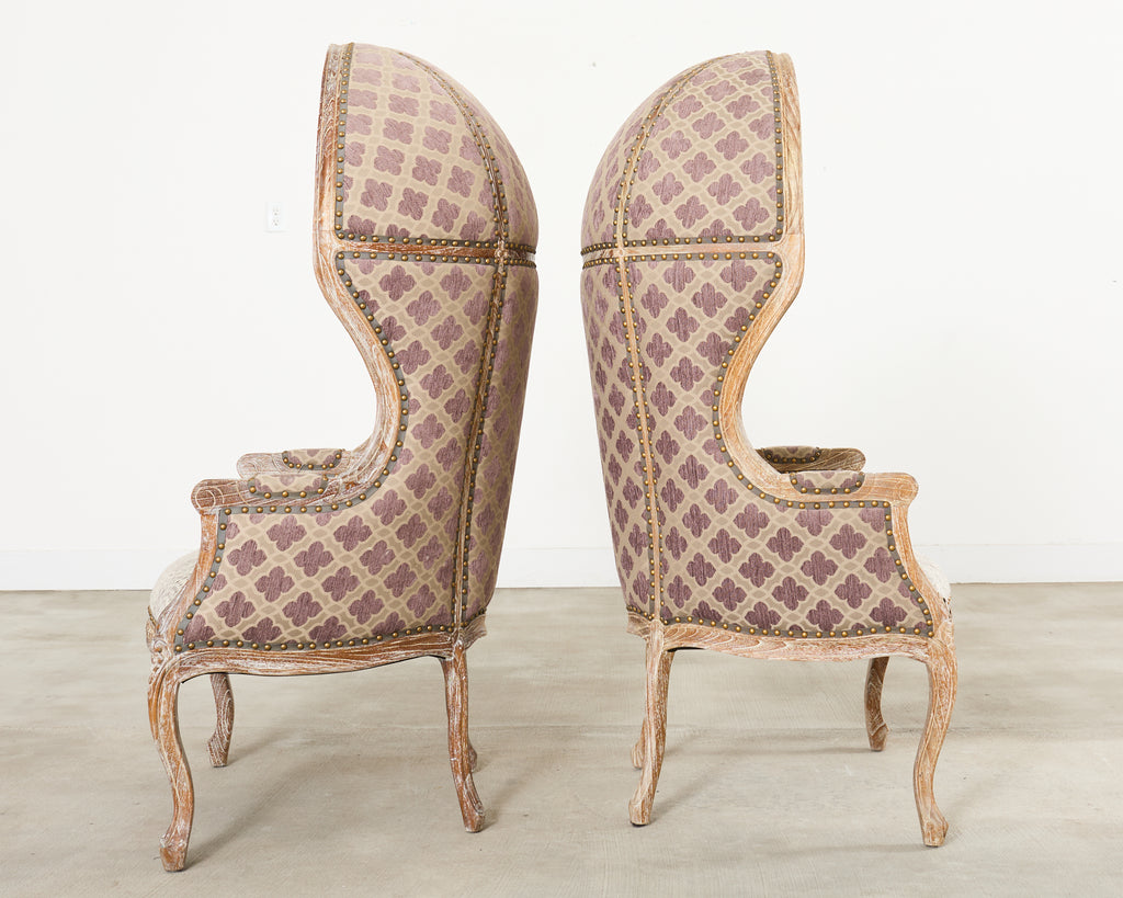 Pair French Provincial Style Cerused Oak Hooded Porters Chairs