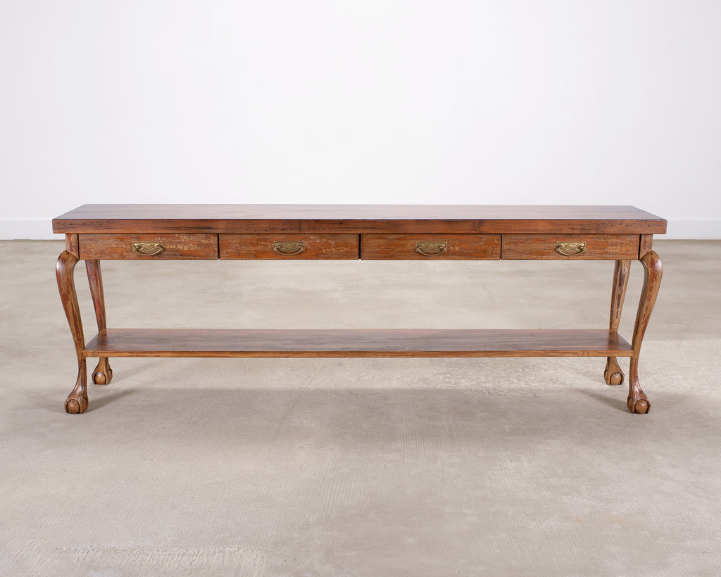 English Queen Anne Style Walnut Two-Tier Console Table 6 Ft