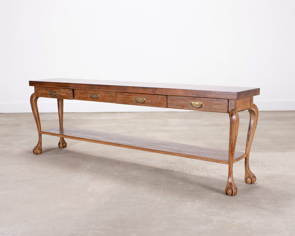 English Queen Anne Style Walnut Two-Tier Console Table 6 Ft