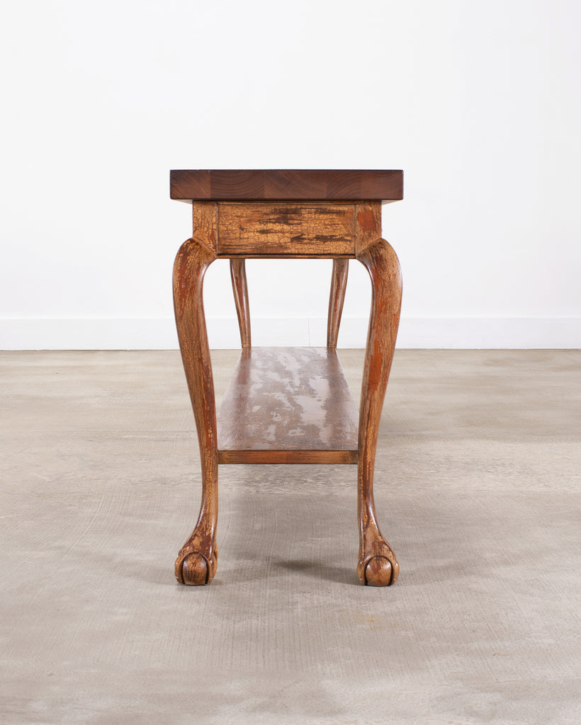 English Queen Anne Style Walnut Two-Tier Console Table 6 Ft