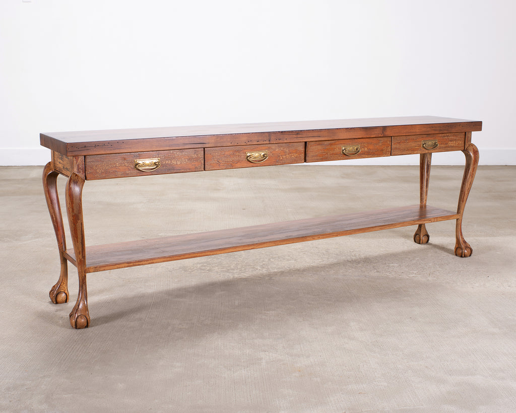 English Queen Anne Style Walnut Two-Tier Console Table 6 Ft