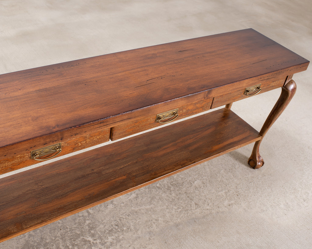 English Queen Anne Style Walnut Two-Tier Console Table 6 Ft