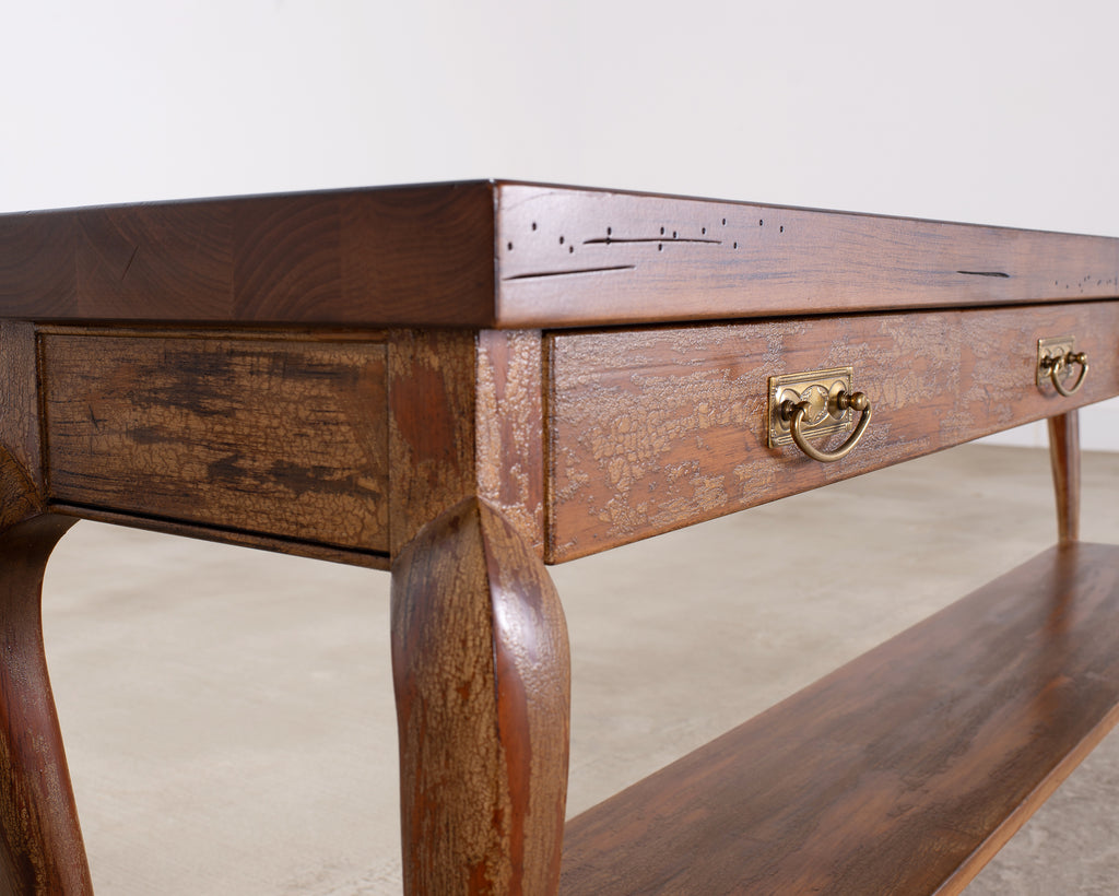 English Queen Anne Style Walnut Two-Tier Console Table 6 Ft