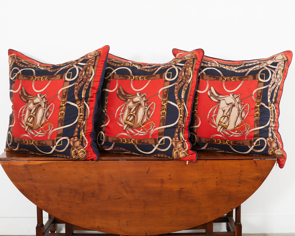 Set of Three Large Ralph Lauren Equestrian Silk Scarf Pillows