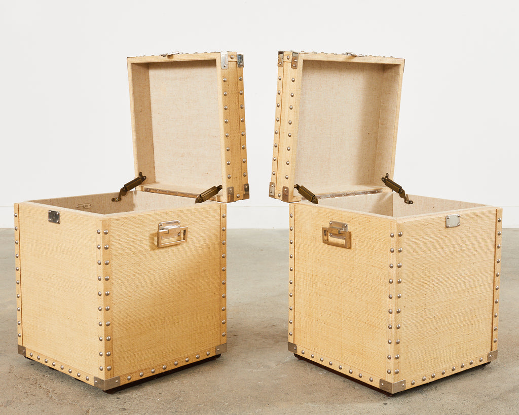 Pair of Raffia Grasscloth Campaign Style Hat Trunk Boxes
