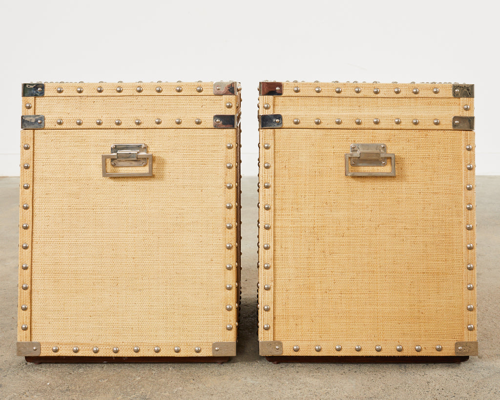 Pair of Raffia Grasscloth Campaign Style Hat Trunk Boxes