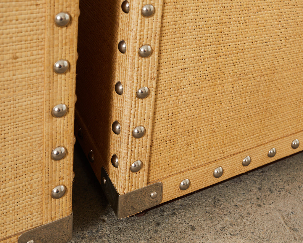 Pair of Raffia Grasscloth Campaign Style Hat Trunk Boxes