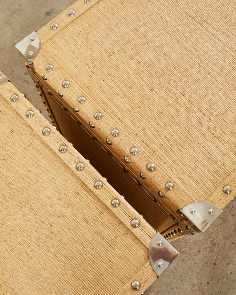 Pair of Raffia Grasscloth Campaign Style Hat Trunk Boxes