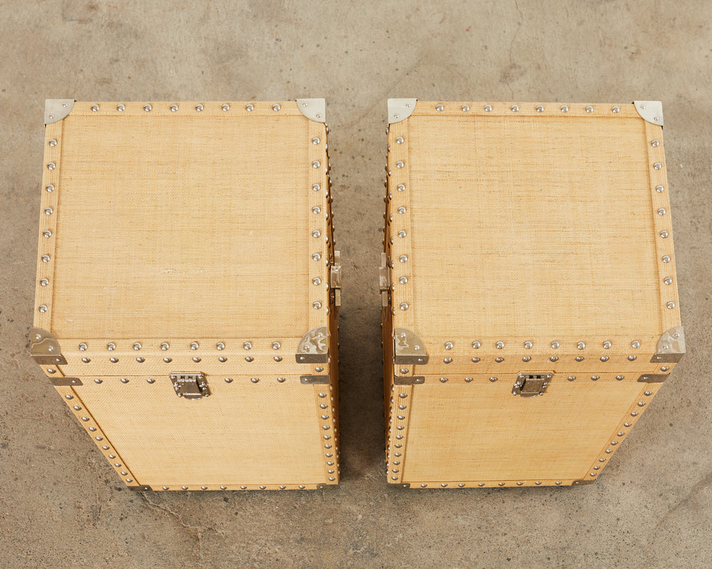 Pair of Raffia Grasscloth Campaign Style Hat Trunk Boxes