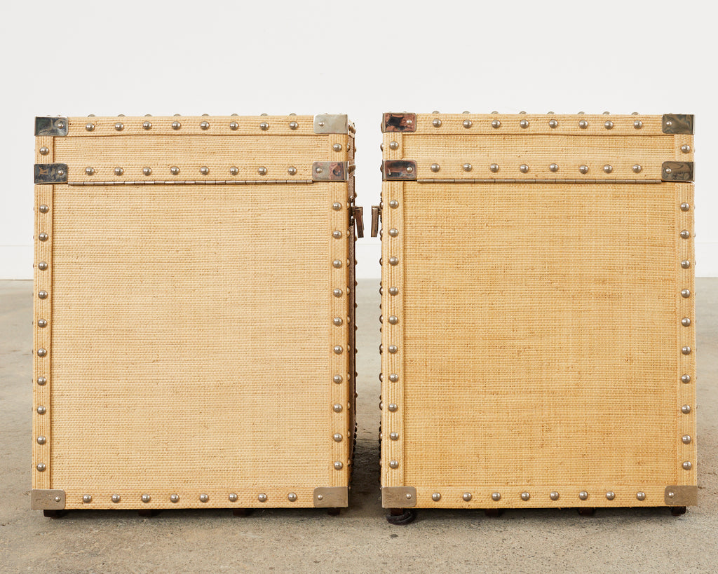 Pair of Raffia Grasscloth Campaign Style Hat Trunk Boxes