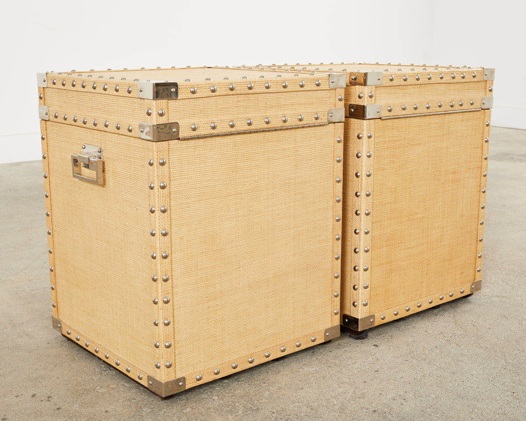 Pair of Raffia Grasscloth Campaign Style Hat Trunk Boxes