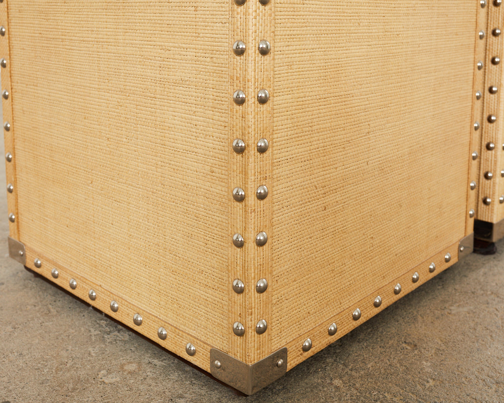 Pair of Raffia Grasscloth Campaign Style Hat Trunk Boxes