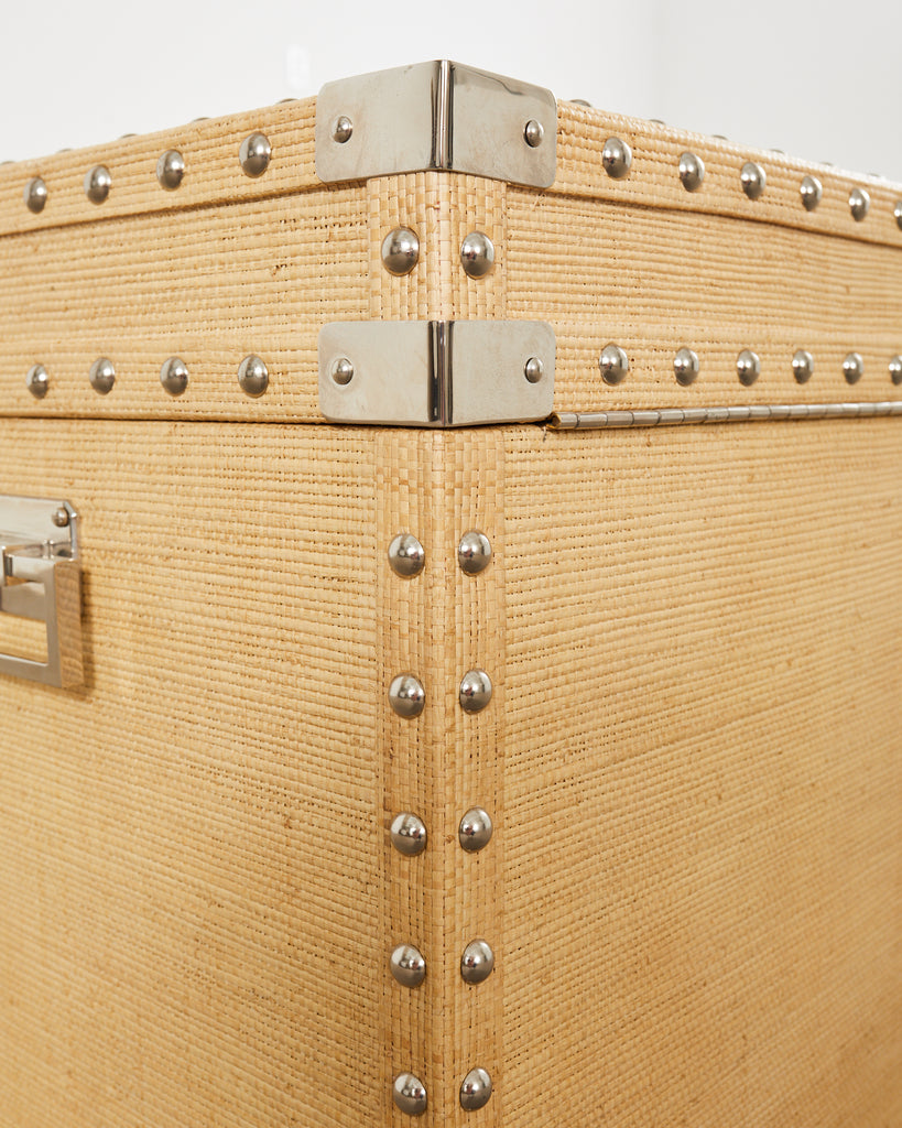 Pair of Raffia Grasscloth Campaign Style Hat Trunk Boxes