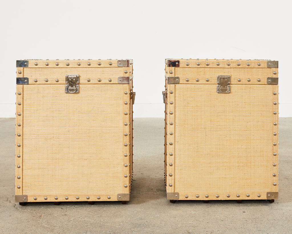 Pair of Raffia Grasscloth Campaign Style Hat Trunk Boxes