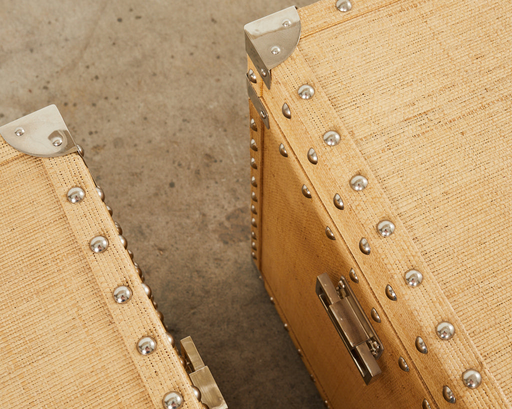 Pair of Raffia Grasscloth Campaign Style Hat Trunk Boxes