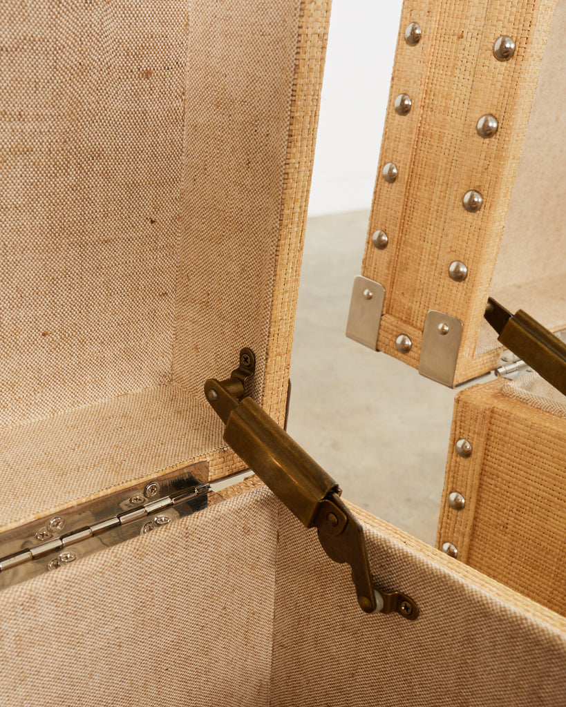 Pair of Raffia Grasscloth Campaign Style Hat Trunk Boxes