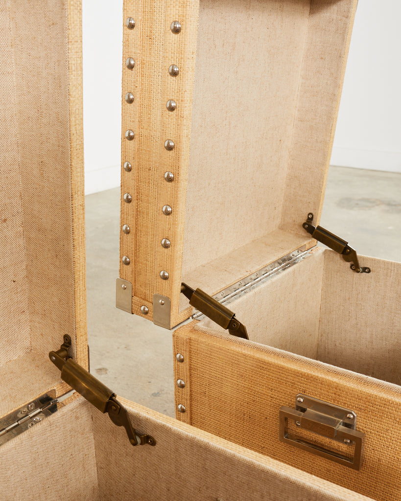Pair of Raffia Grasscloth Campaign Style Hat Trunk Boxes