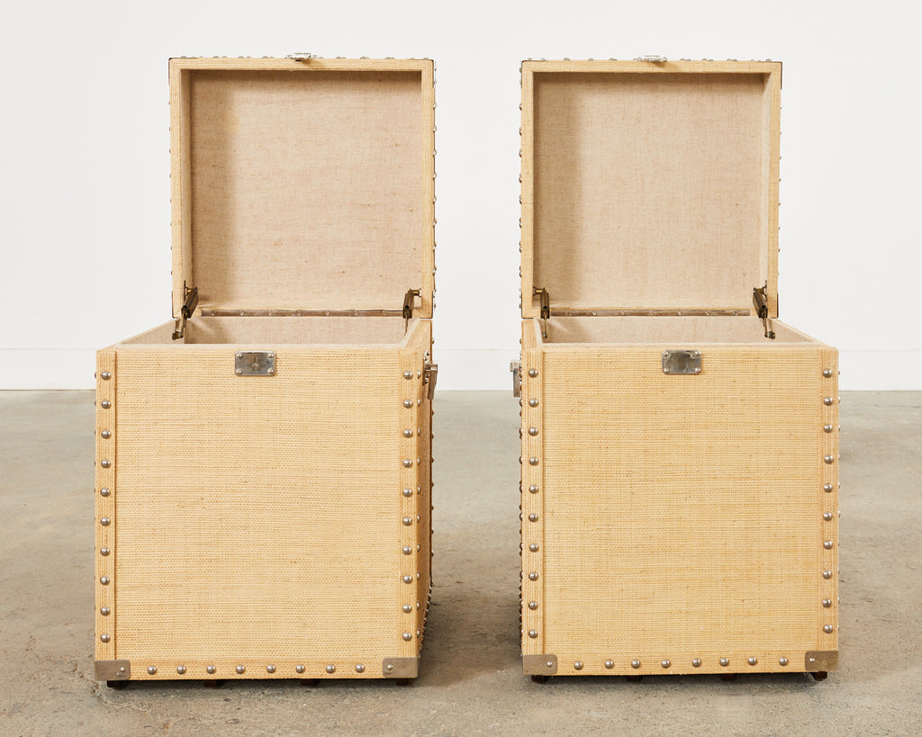 Pair of Raffia Grasscloth Campaign Style Hat Trunk Boxes