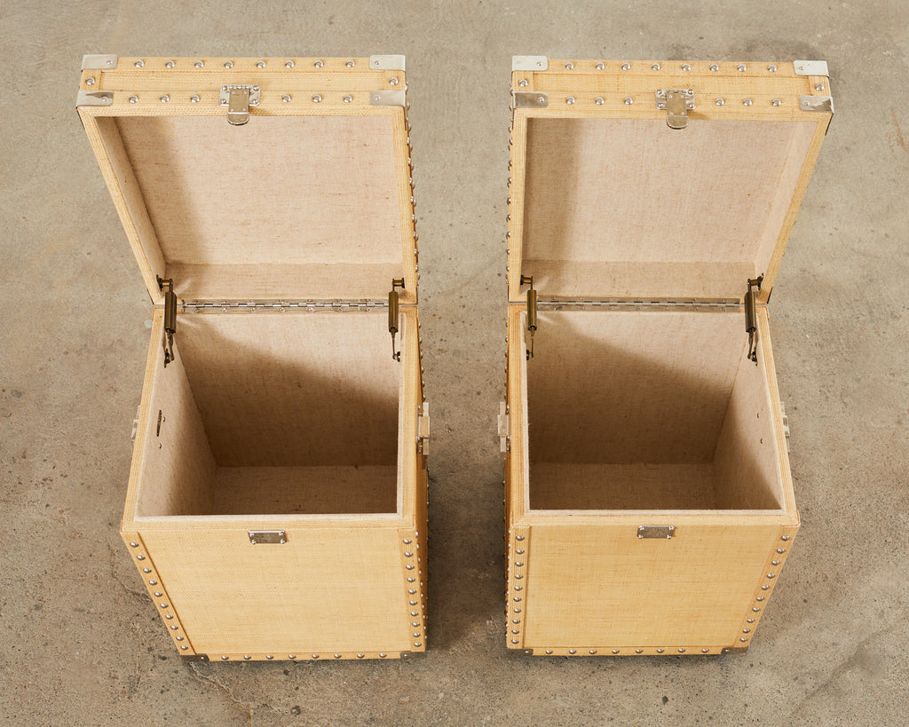 Pair of Raffia Grasscloth Campaign Style Hat Trunk Boxes