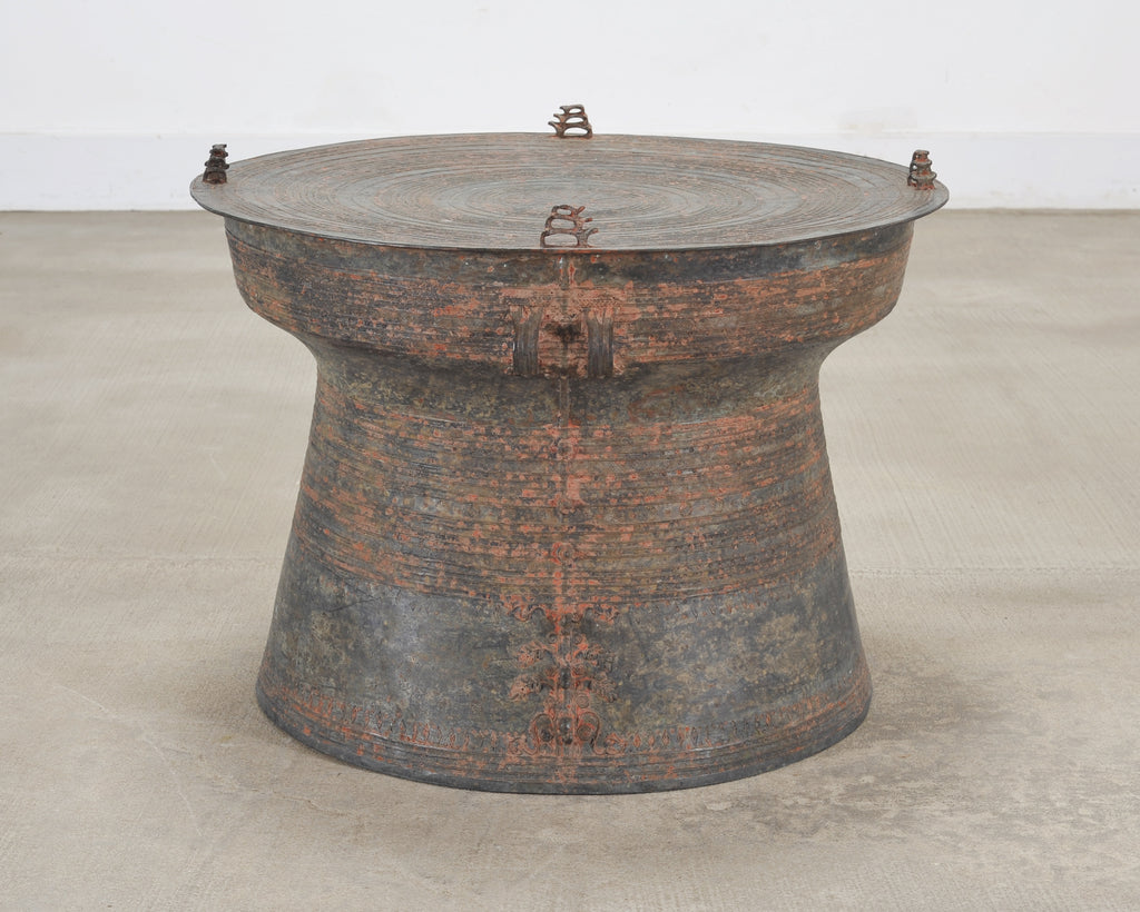Southeast Asian Patinated Bronze Rain Drum Drink Table 2 Ft
