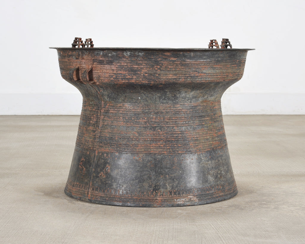 Southeast Asian Patinated Bronze Rain Drum Drink Table 2 Ft