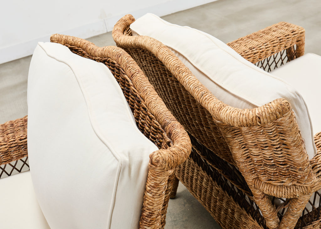 Pair of Ralph Lauren Organic Wicker Rope Armchairs + Ottoman