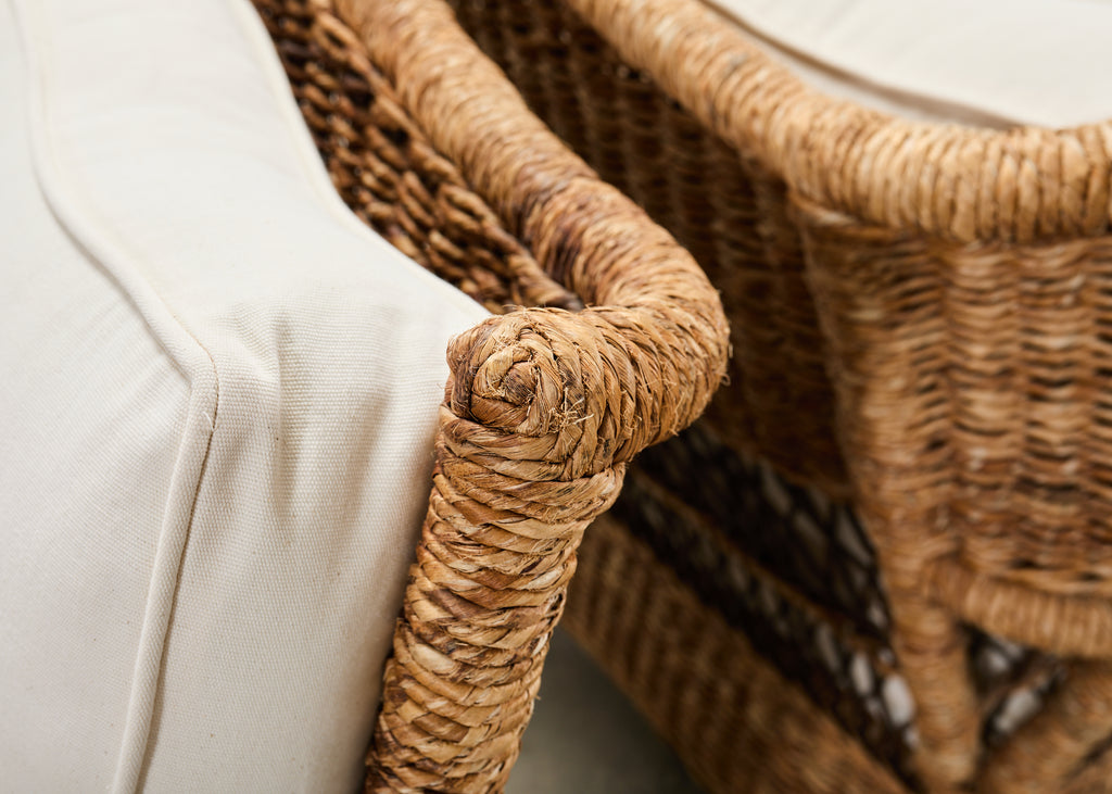 Pair of Ralph Lauren Organic Wicker Rope Armchairs + Ottoman