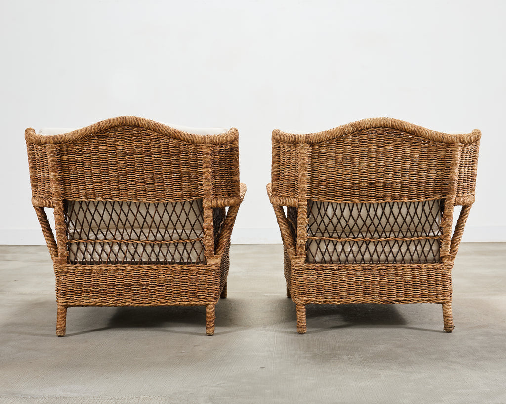 Pair of Ralph Lauren Organic Wicker Rope Armchairs + Ottoman