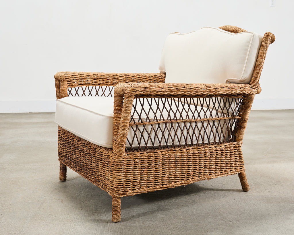 Pair of Ralph Lauren Organic Wicker Rope Armchairs + Ottoman